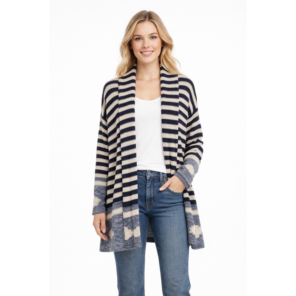 Lauren Ralph Lauren Open Front Cardigan Sweater L Striped Navy‎ Cotton Linen